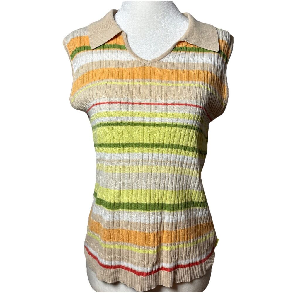 Liz Goff Women’s Sleeveless Collared Top M Ribbed Knit Striped Y2K Retro Preppy
